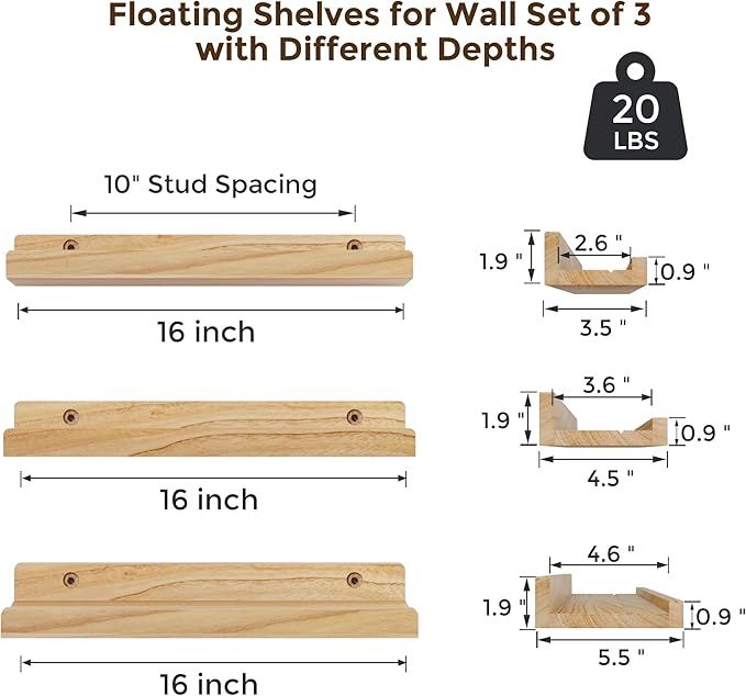RICHFOCUS Floating Shelves for Wall, 16 inch Solid Wood Picture Ledge Shelf for Wall Storage, Nursery Book Shelves with Lip for Living Room Bathroom Bedroom Kitchen, Set of 3, Natural
