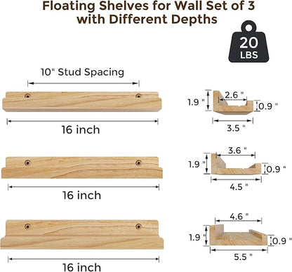 RICHFOCUS Floating Shelves for Wall, 16 inch Solid Wood Picture Ledge Shelf for Wall Storage, Nursery Book Shelves with Lip for Living Room Bathroom Bedroom Kitchen, Set of 3, Natural