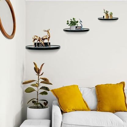 ZEXUIRU 3 Set Glass Decorative Floating Shelves Metal Frame Display Shelf Wall Decor for Home Office Mixed Size