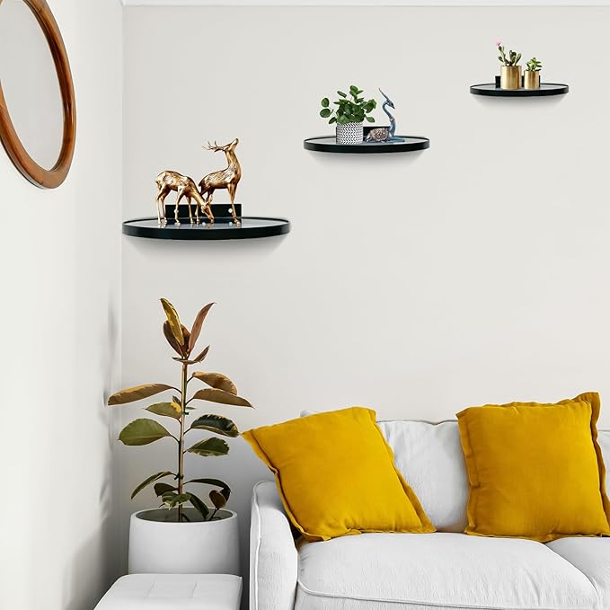ZEXUIRU 3 Set Glass Decorative Floating Shelves Metal Frame Display Shelf Wall Decor for Home Office Mixed Size