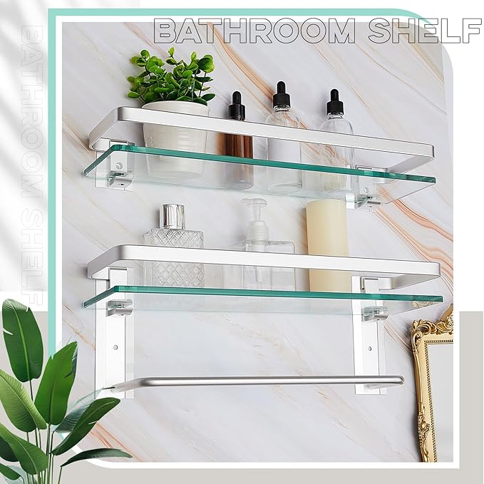 Suzile Set of 2 Glass Bathroom Shelves with Bar, Wall Mounted 15.7 x 4.7 Inches, Bathroom Shelves Hanging Modern Floating Shelf Metal Stick Room Rustproof Organizer Decorative(Silver)