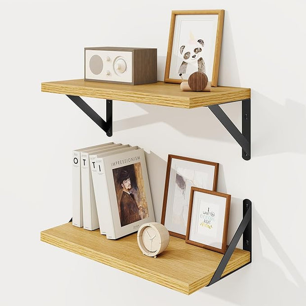 Floating Shelves, 8 Inch Deep Rustic Wood Wall Storage, 16W x 8D Wall Shelves Set of 2, Heavy Duty Metal Brackets, Industrial Book Shelf for Living Room, Kitchen, Bathroom, Bedroom, Oak