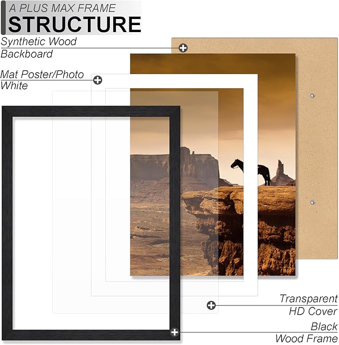 A PLUS MAX 4x6 Picture Frame Set of 3, Engineered Wood Frame Display Photo 3.5 x 5 with Mat or 4 x 6 without Mat, 4by6 Frame with Black Wood Grain for Wall - 3 Pack/Black/4"x6"