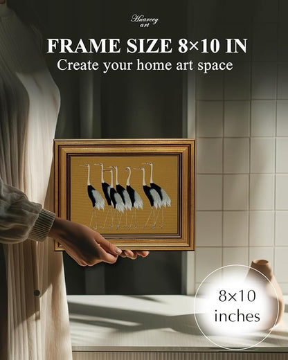 HUARCEY Gold Framed Vintage Wall Art for Living Room, Animals Painting Prints Shelf Decor for Kitchen, Aesthetic Bedroom Wall Art Decor, Christmas Gifts for Friends or Family (Seven Cranes - 8"x10")
