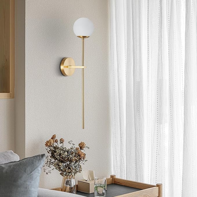 BOKT Mid Century Modern Long Wall Sconce Brushed Brass Bathroom Vanity Wall Sconce Lighting Small Gold Globe Wall Light White Glass Sphere Wall Lamp Antique Brass Wall Lighting