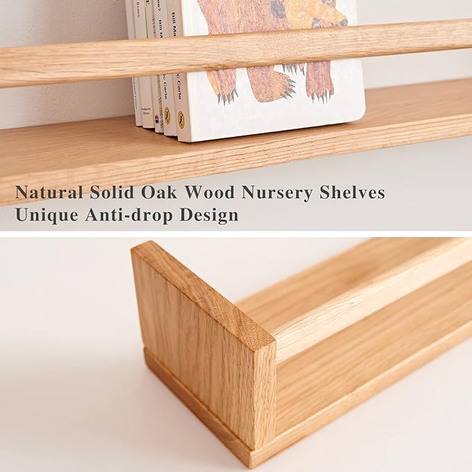 Oak Nursery Shelves, Natural Wood Nursery Floating Shelves for Wall Mounted, Wall Bookshelf for Bedroom Living Room Kitchen Spice Rack,16 Inch