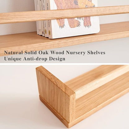 Oak Nursery Shelves, Natural Wood Nursery Floating Shelves for Wall Mounted, Wall Bookshelf for Bedroom Living Room Kitchen Spice Rack,16 Inch