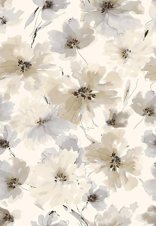 JiffDiff Beige Flower Watercolor Flower Peel and Stick Wallpaper, Honey Wheat Yellow, 17.3x393.7 inch, 48.5 sq ft, Straight Match