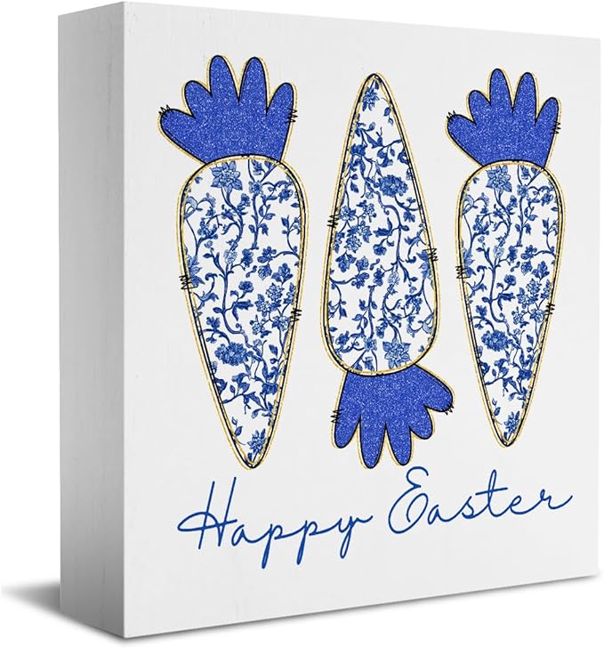 Happy Easter Sign Easter Table Decor Carrot Decor Blue And White Chinoiserie Decor Wooden Box Sign for Home Office Bedroom Living Room Desk Shelves