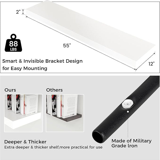 Floating Shelves for Wall, 55 Inch Wide x 12 Inch Deep Floating Shelves, Long Wood Floating Wall Shelf Shelves for Living Room Bathroom Bedroom Kitchen Home - (White, 55" W x 12" D x 2" H)
