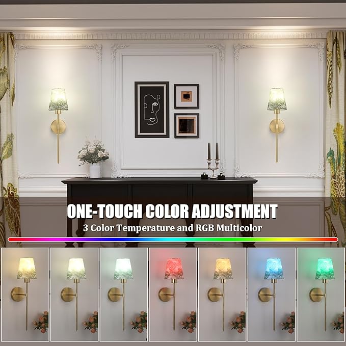Battery Operated Wall Sconces Set of 2, Flower Pattern Shade 5000 mAh Rechargeable Bulb with 12 RGB Colors Dimmable Wall Sconce for Living Room Bedroom