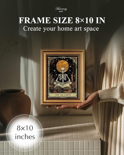 HUARCEY Gold Framed Canvas Wall Art, Skeleton Reader Tarot Picture Decor, Library Reading Room School Decor, Book Lover Witchy Gothic Halloween Canvas Paintings, 8x10inch