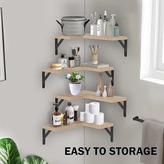 Muzilife Corner Floating Shelves Wooden Floating Shelves Set of 4, Wall Mounted for Storage, L-Shaped Wall Decor Organizer for Bedroom, Bathroom, Kitchen, Living Room and Office, Natural Wood