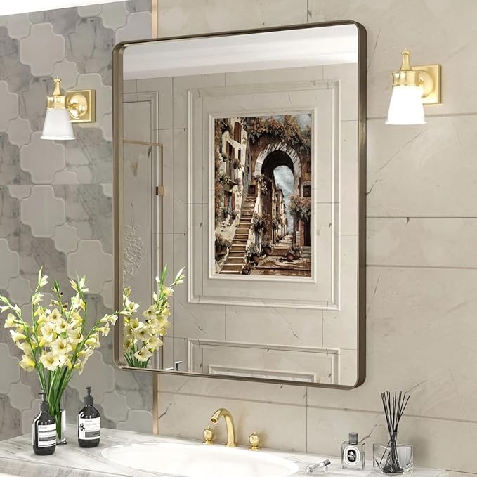 30x36 Bronze Bathroom Wall Mirror, Modern Brushed Metal Framed Mirror for Vanity, Rounded Oil Rubbed Bronze Frame, Anti-Rust, Tempered Shatterproof (Horizontal/Vertical)