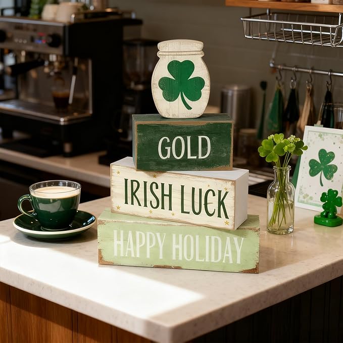St. Patrick’s Day Decorations - St Patrick Day Irish Luck Tiered Tray Decor Set - Wooden Shamrock Tabletop Decoration - Rustic Farmhouse Holiday Home Decor for Indoor Shelf Mantel Coffee Table Gift