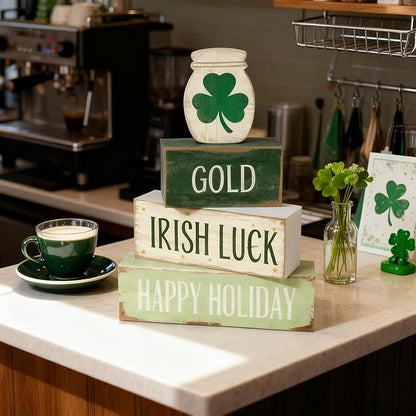St. Patrick’s Day Decorations - St Patrick Day Irish Luck Tiered Tray Decor Set - Wooden Shamrock Tabletop Decoration - Rustic Farmhouse Holiday Home Decor for Indoor Shelf Mantel Coffee Table Gift
