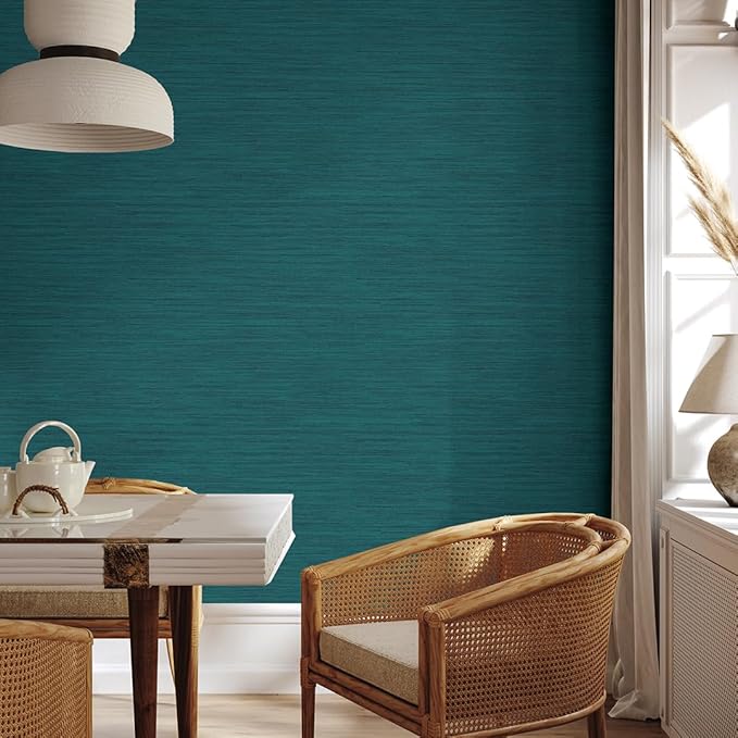 Tempaper Textured Teal Green Horizontal Faux Grasscloth Removable Peel and Stick Wallpaper, 20.5 in X 16.5 ft, Made in The USA