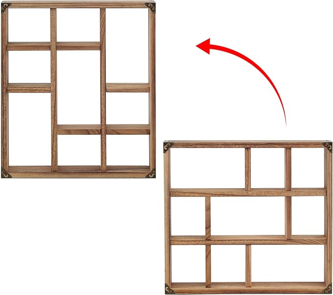 17.7x15.7-Inch Shadow Box Shelf 9-Slot Rustic Wood Floating Shelves Larger Shelf Lightweight Solid Wood Display(9C-Brown)