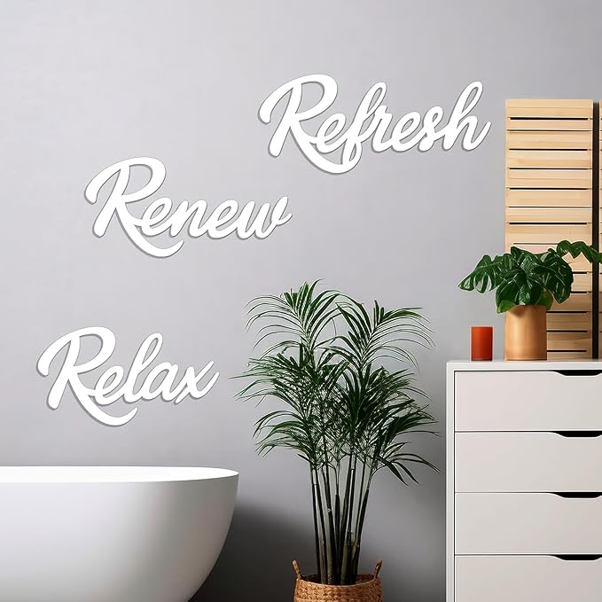 3 Pieces Bathroom Decor Wooden Bathroom Sign,Relax Renew Refresh Sign (White)