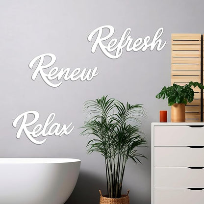 3 Pieces Bathroom Decor Wooden Bathroom Sign,Relax Renew Refresh Sign (White)