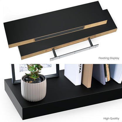 Ballucci Floating Shelves, 24" Wood Wall Shelf Set of 2, with Invisible Brackets for Bathroom, Living Room, Bedroom, Kitchen, Nursery, 6" Deep, Black