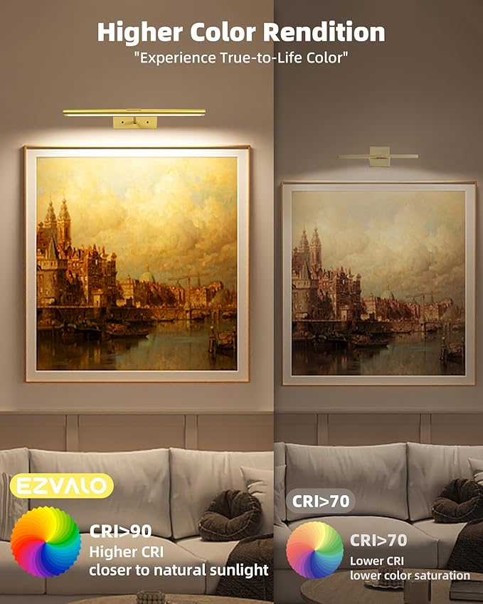 EZVALO Picture Light for Wall, 4800mAh Rechargeable Wireless Lights with IR Remote Control, 16'' Dimmable Magnetic LED Art Display Light with 3 Color Temperatures, for Gallery, Living Room(Gold-2Pack)