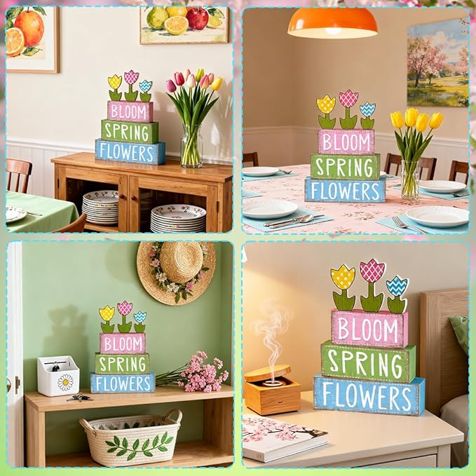 DIYDEC 6Pcs Spring Tabletop Decorations Colorful Tulip Wooden Block Signs Rustic Pastel Flower Tiered Tray Decor Spring Centerpiece Farmhouse Wood Tulip Table Sign for Kitchen Home Office Party Decor