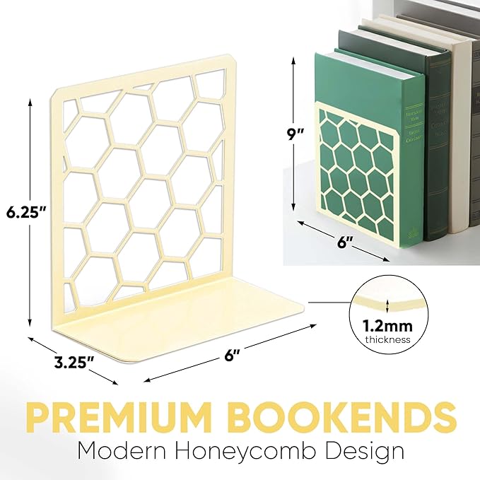 GEOMOD Geometric Honeycomb Yellow Metal Bookends Decorative - Tall Sturdy Book Ends for Shelves - Modern Heavy Duty Bookend Stopper - Office or Home Book Shelf - 6x3.25x6.25 Inches - 1 Pair