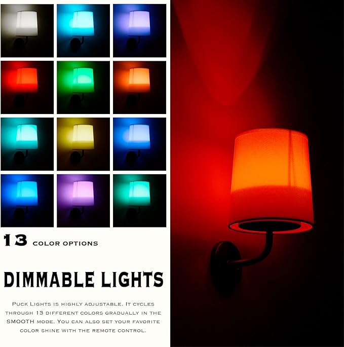 HEQIQEH 2 Packs Rustic Vintage Battery Operated Wall Sconce Light Fixture with Flared Funnel Linen Fabric Shade,Remote Control Dimmable RGB Nightstand Lamps for Bedroom Bedside (Antique-2)