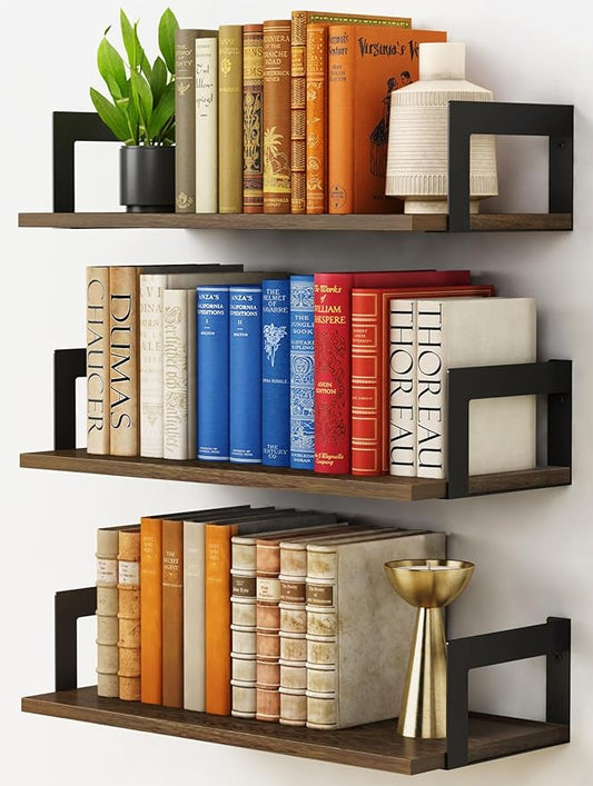 Floating Book Shelves for Wall Set of 3, 17 x 8 Inch Deep Wooden Wall Bookshelf for Bedroom Office, Rustic Wood Hanging Wall Shelves for Living Room Kitchen (Dark Brown)