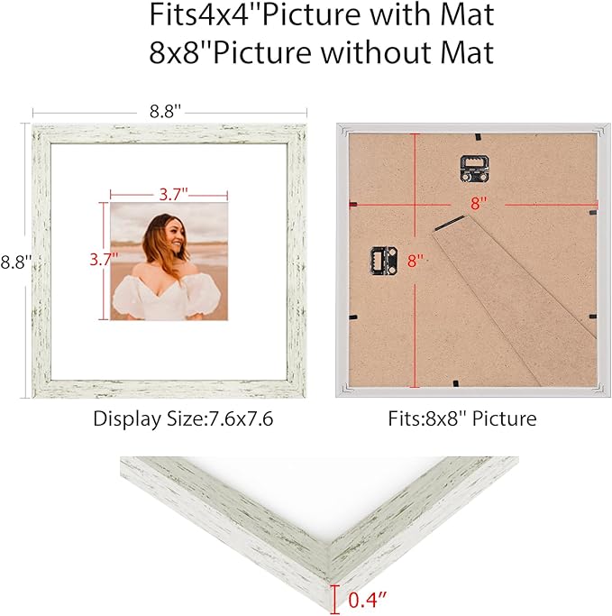 8x8 Picture Frame Set of 9, Display Pictures 4x4 with Mat or 8x8 without Mat, Multi Collage Gallery Square Photo Frames for Wall or Tabletop, Distressed White