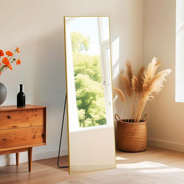 OLIXIS Full Length Gold Mirror 59.1"x16" for Bedroom, Full Body Mirror with Stand, Hanging or Leaning for Wall, Aluminum Alloy Thin Frame Floor Standing for Living Room, Long