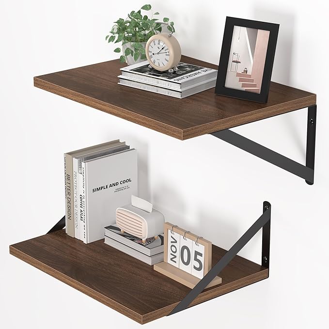 Heimlove 12 Inch Deep Floating Shelves for Wall, 16W x 12D Wood Wall Shelves Set of 2, Walnut Wide Floating Bookshelf for Living Room, Kitchen, Office, Bedroom, with Black Metal Bracke - Walnut
