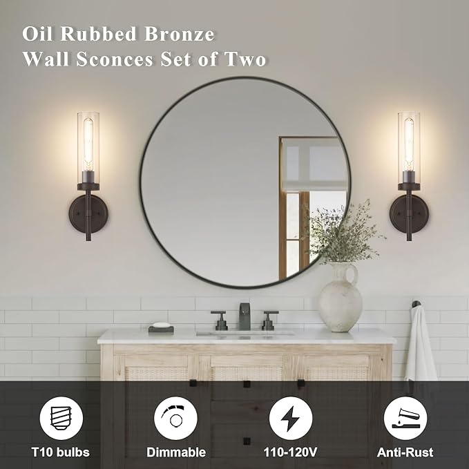 Oil Rubbed Bronze Wall Sconces Set of Two, Bathroom Wall Sconces Vanity Lights with Clear Glass Shade, Modern Farmhouse Wall Mount Lights for Mirror Bedroom Living Room Stairwell Hallway