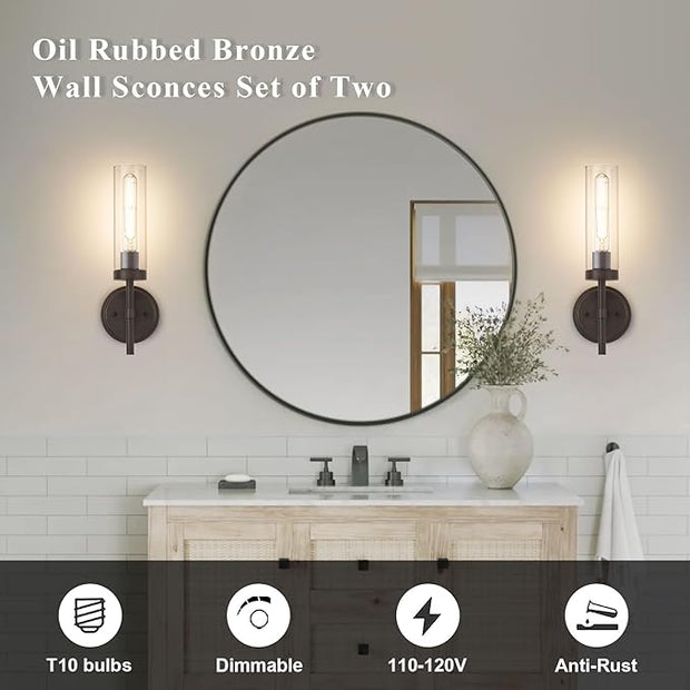 Oil Rubbed Bronze Wall Sconces Set of Two, Bathroom Wall Sconces Vanity Lights with Clear Glass Shade, Modern Farmhouse Wall Mount Lights for Mirror Bedroom Living Room Stairwell Hallway