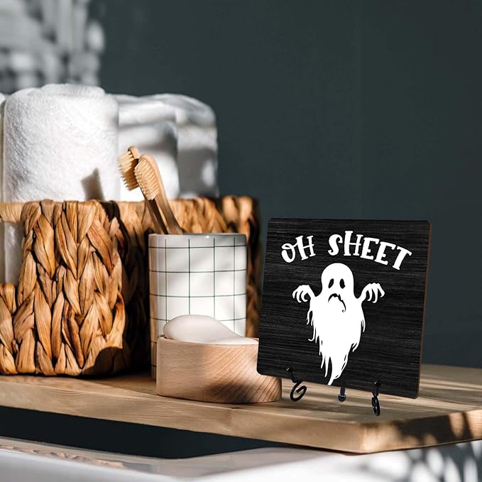 Halloween Bathroom Decor, Oh Sheet Wooden Sign for Home Restroom Desk Shelf, Spooky Ghost Table Centerpieces for Washroom Accessories - A10