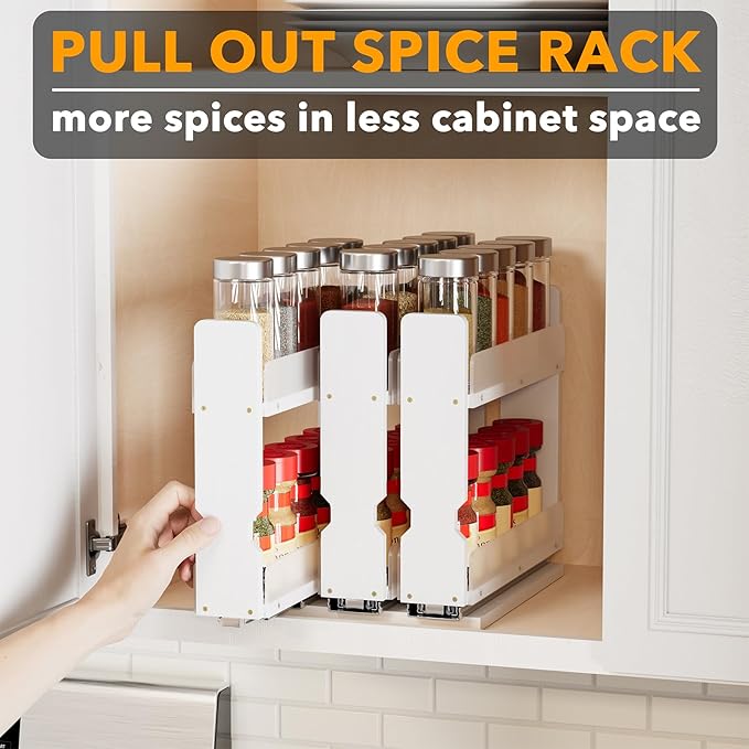 SpaceAid Bamboo Pull Out Spice Rack Organizer for Cabinet, Heavy Duty Slide Out Seasoning Kitchen Pantry Sliding Vertical Organization, 7.6