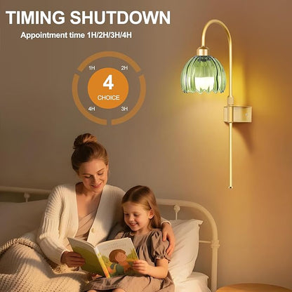 Vintage Battery Operated Wall Sconces Set of 2, Gold Rechargeable Wireless Wall Lamp Lights with Glass Lampshade & Remote,Dimmable 12 Colors Flower Wall Sconce for Bedroom Living Room Hallway