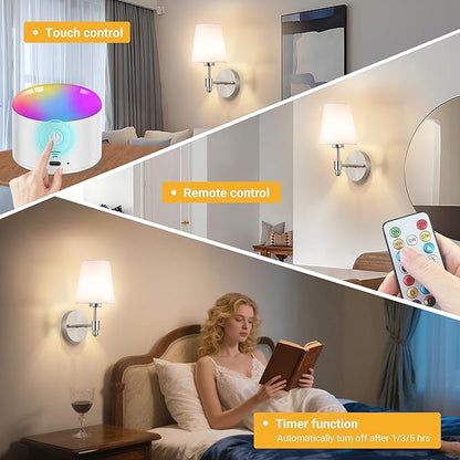 Battery Operated Wall Sconces Set of Two, Rechargeable Wireless Wall Lights with 10000mAh RGB Dimmable Detachable Bulb, Battery Sconces Wall Decor with Remote for Bedroom Living Room Hallway