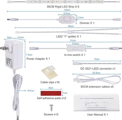 Under Cabinet LED Lighting Kit for Kitchen Cabinet Counters Shelf Closet. 6 PCS 12 Inches Light Strip with Adapter Switch Dimmer Extension Cable. Plug in. Dimmable. 1500 Lumen. Warm White 2700K