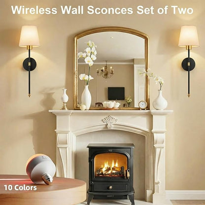 Wall Sconces Battery Operated Set of 2, Rechargeable Wall Sconce, 10 Colors Wireless Wall Sconces Set of Two, 5200mAh Dimmable Bulbs and Remote, for Bedroom Living Room, Hallway (Gold-Black - 24 inch)