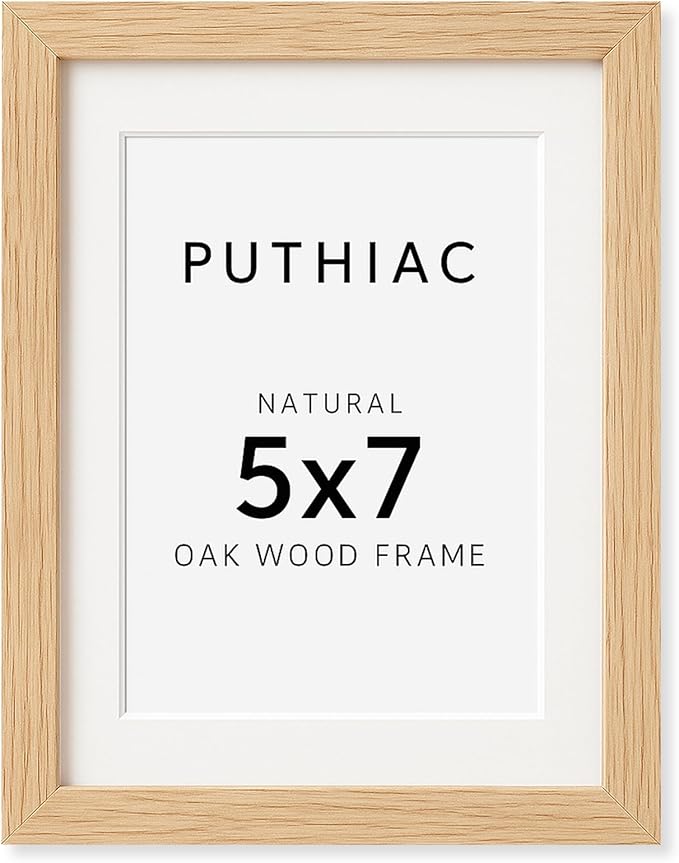 puthiac 5x7 Solid Oak Wood Picture Frame, Fits 4x6 with Mat or 5x7 Without Mat, Wall or Tabletop Display with Stand, Vertical or Horizontal, Plexi Front, 1 Pack, Natural Oak