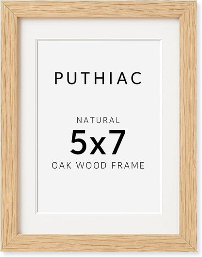 puthiac 5x7 Solid Oak Wood Picture Frame, Fits 4x6 with Mat or 5x7 Without Mat, Wall or Tabletop Display with Stand, Vertical or Horizontal, Plexi Front, 1 Pack, Natural Oak