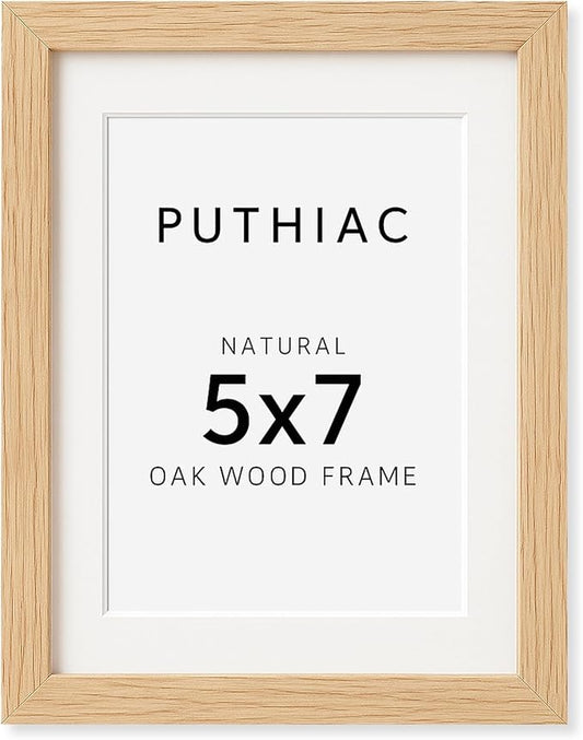 puthiac 5x7 Solid Oak Wood Picture Frame, Fits 4x6 with Mat or 5x7 Without Mat, Wall or Tabletop Display with Stand, Vertical or Horizontal, Plexi Front, 1 Pack, Natural Oak