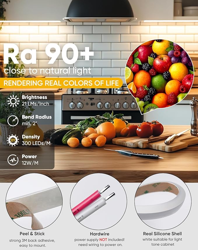 Shine Decor Under Cabinet Lighting Strip, Free Cuttable LED Silicone Neon Rope Hardwired 24V Anti-Glare Bright Cozy 504 Lumen for Indoor, Adhesive White Shell 2700K Warm 24” UL Certified, No Adapter