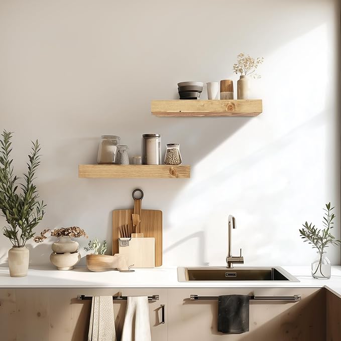 17x6.8x2 Inch Rustic Floating Shelves for Wall Set of 2 - Oak Solid Wood Wall Mounted Shelves with Invisible Bracket, Compact Design for Farmhouse Living Room Bedroom Kitchen Decor
