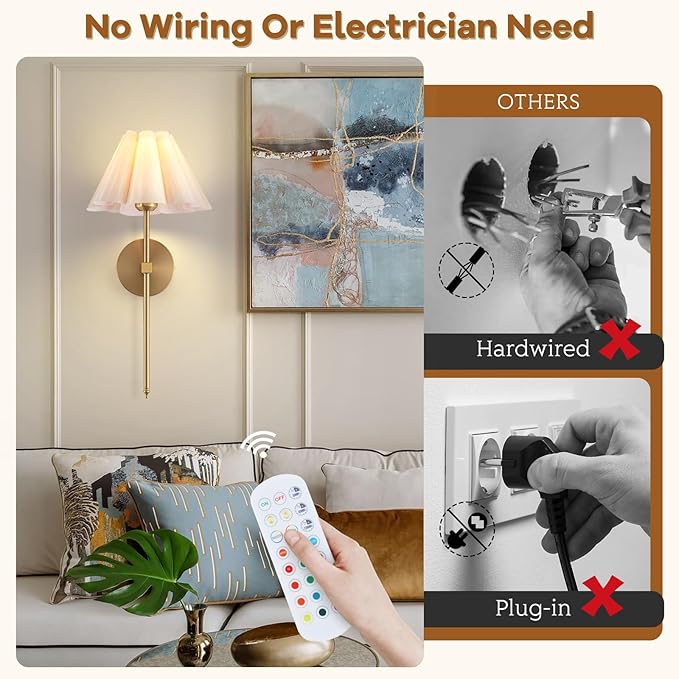 Battery Operated Wall Sconces Set of 2, Rechargeable RGB Wall Lights, Not Hardwired Wall Lights with Petal Shades, Wireless Wall Lamp with Remote Control for Living Room Corridor Bedroom etc