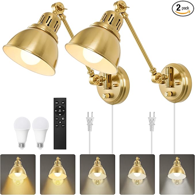 Plug in Wall Sconces Set of Two with Remote, Stepless Colors 2700K-6500K & Stepless Dimming, Premium Golden Finish, Plug in Wall Light with Night Light & Timer, LED Bulbs Included
