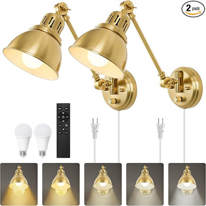 Plug in Wall Sconces Set of Two with Remote, Stepless Colors 2700K-6500K & Stepless Dimming, Premium Golden Finish, Plug in Wall Light with Night Light & Timer, LED Bulbs Included