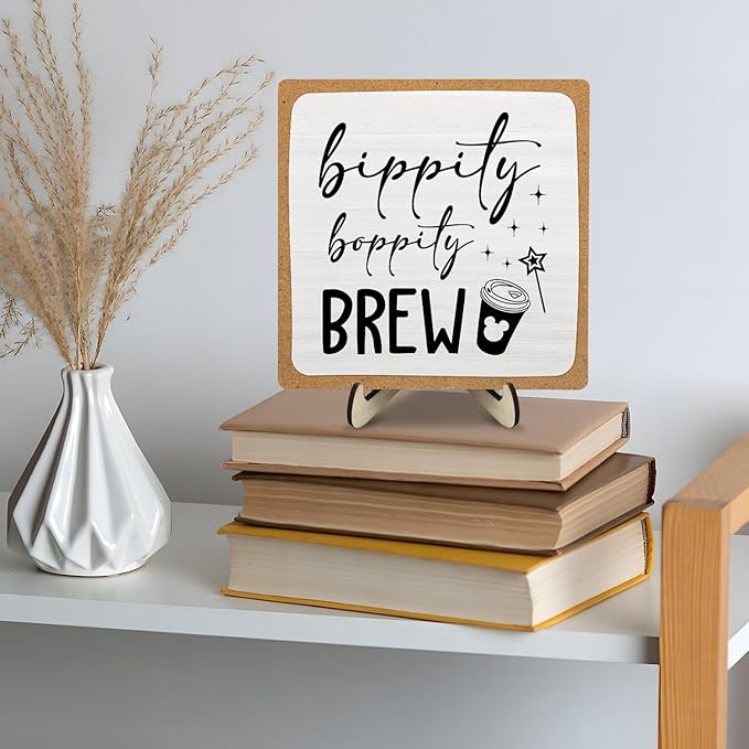 Coffee Bar Sign Plaque Decor,Bippity Boppity Brew Desk Decor for Kitchen,Coffee Bar Accessorie,Cute Wooden Tabletop Plaque, Rustic Farmhouse Shelf Sign for Home or Office Decoration 5.9x5.9Inch(White)